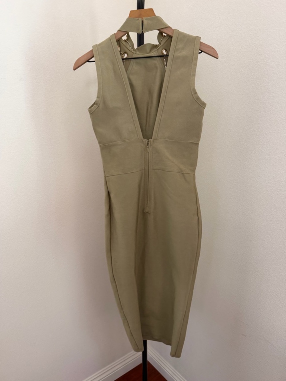 WOW couture Olive Green Sleeveless Midi Dress with Gold Eyelet Accents - Picture 3 of 7